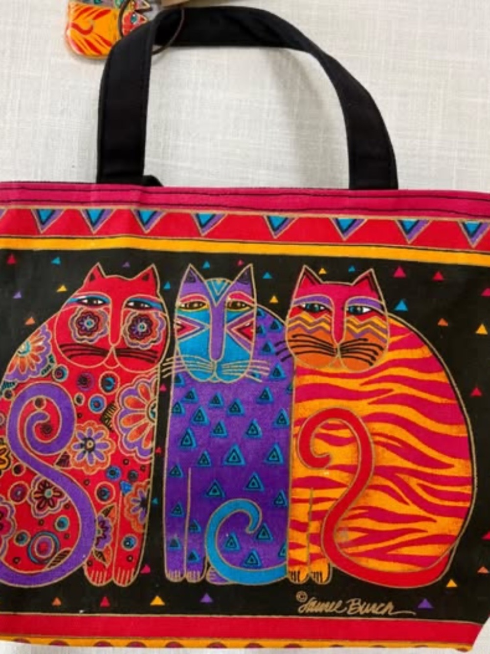 Laurel Burch Feline Friends Zip Top Tote NWT and Wood Charm Cat Art